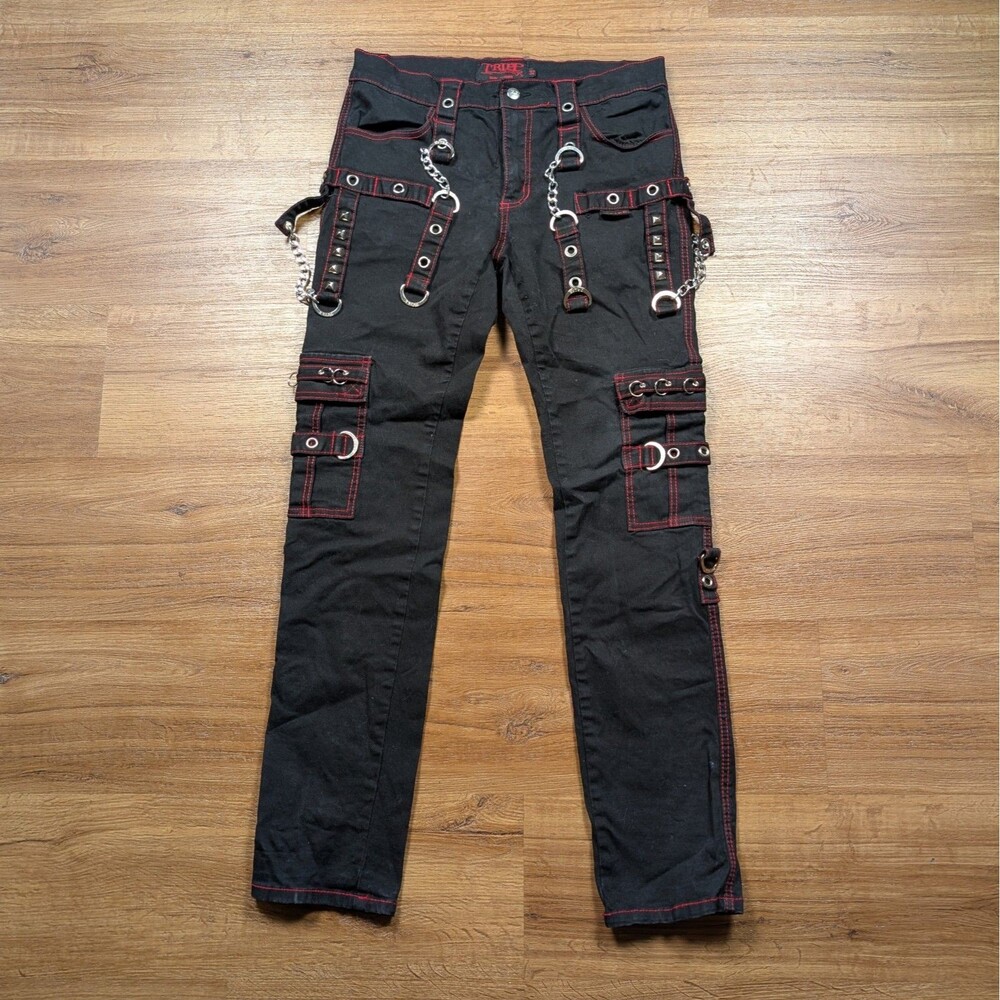 Tripp NYC No Excuse Black and Red Cargo Pants Mens 32 Skinny Tight w/ Chains